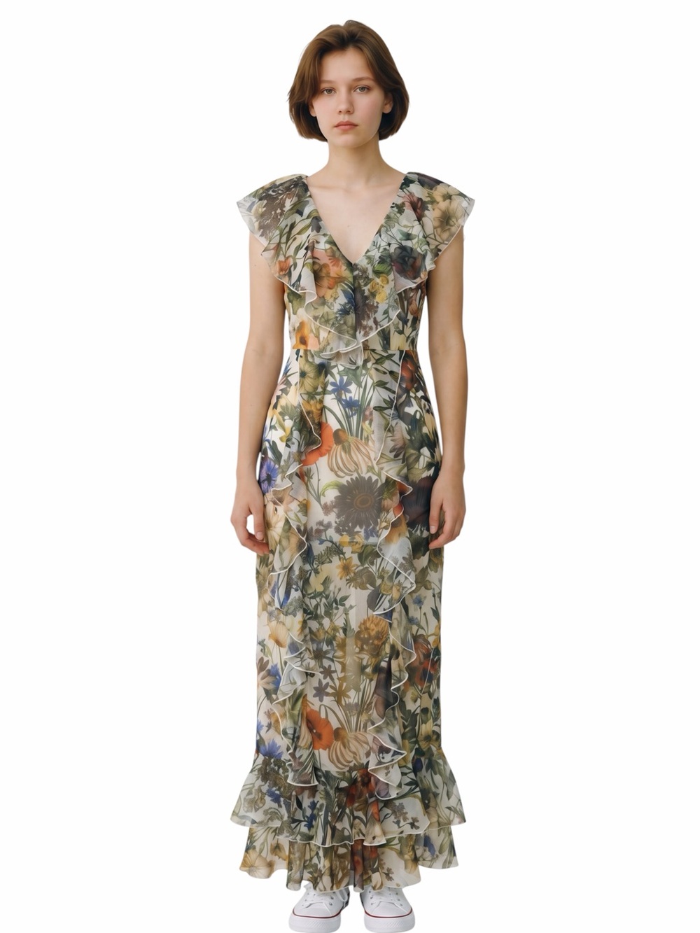 L’ATISTE FLORAL GARDEN RUFFLED MAXI DRESS.